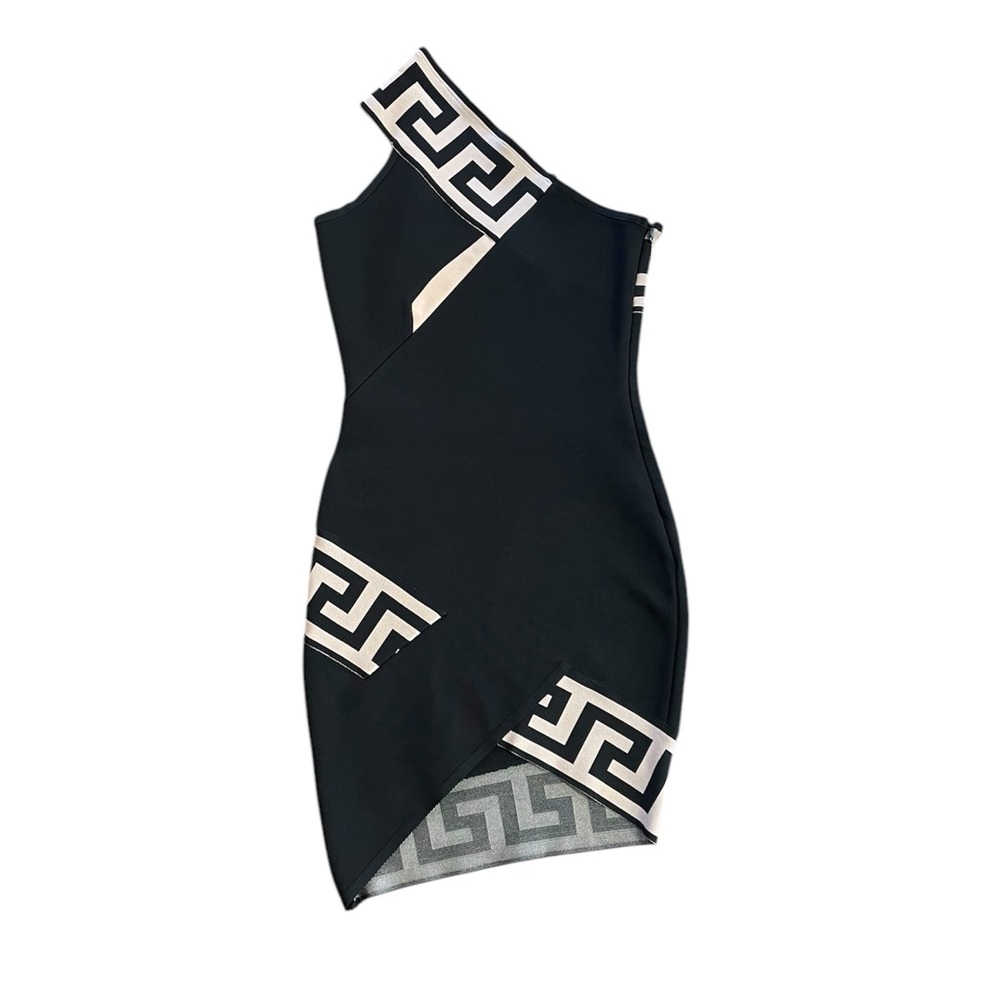 Herve Leger Rare Beautiful Black One-Shoulder Geometric Greek Key Dress Sz M
